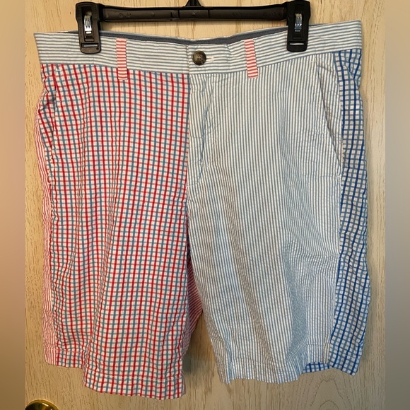 Vineyard Vines Mens Seersucker Shorts Breaker Short 9” Patchwork 33’ Red & Blue - Picture 1 of 11
